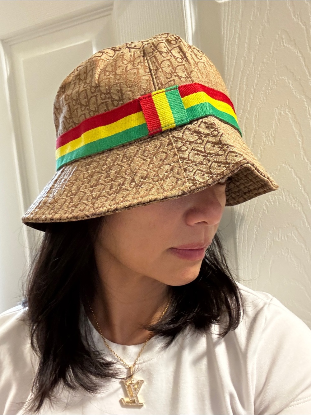 Vintage Dior Brown Monogram Bucket Hat with Red-Yellow-Green Stripe